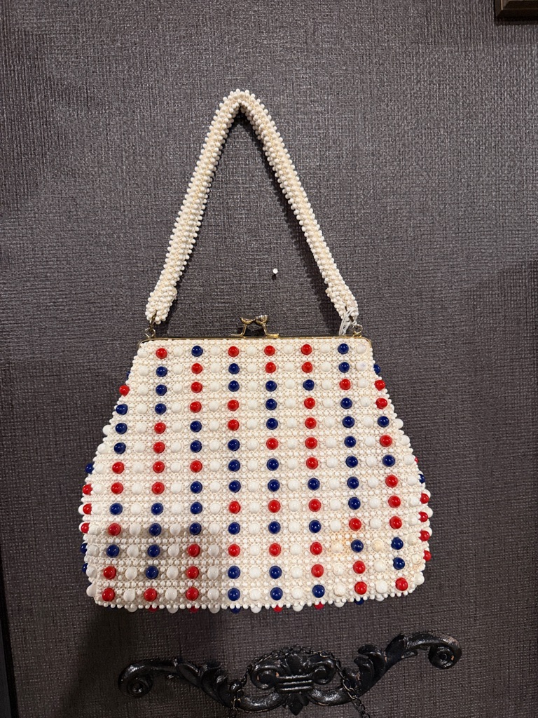 Vintage 1960~ Minf Pearl Beaded Red & Blue Accent Handbag - White